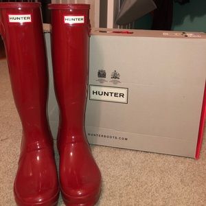red glossy tall hunter rain boots